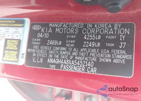 2010 Kia Optima Ex z USA, uszkodzony, nr VIN KNAGH4A8XA5452140